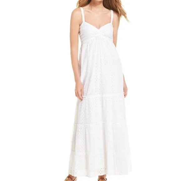 Michael Kors White Eyelet Smocked Back V-Neck Tiered Empire Maxi Dress LARGE NWT - Picture 4 of 5